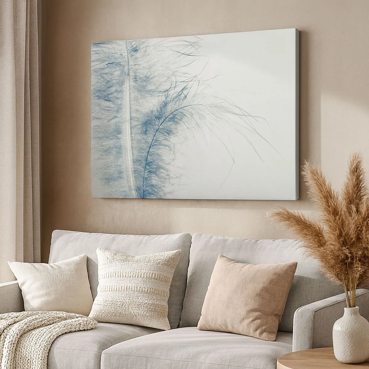 Tablou pe pânză Canvas - O pană delicată în nuanțe pastelate pe un fundal deschis - 70x50cm - Șoapta naturii - Decorațiune modernă pentru perete pentru living și dormitor ARTTOR