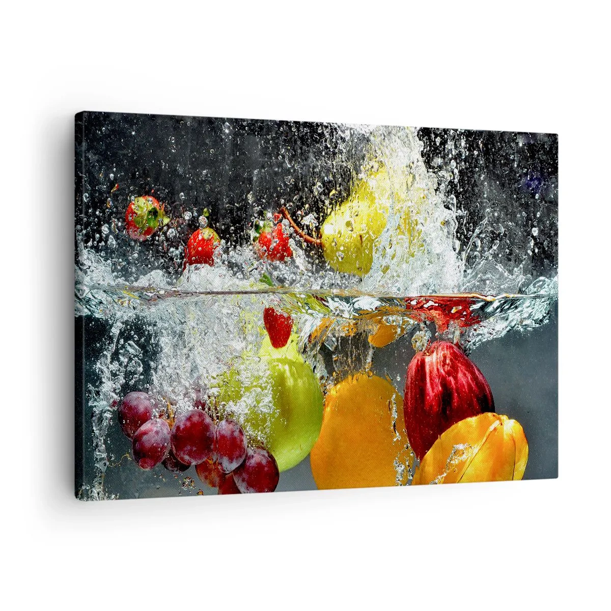 Tablou pe pânză Canvas - Fructe colorate în apă în timpul imersiunii dinamice - 70x50cm - Răcoritoare cu fructe - Decorațiune modernă pentru perete pentru living și dormitor ARTTOR