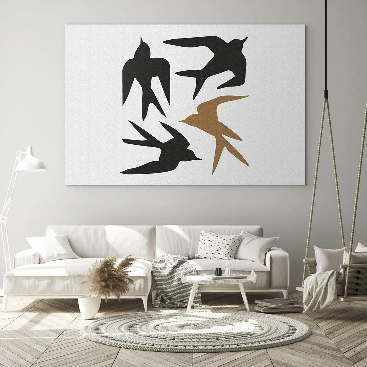 Tablou pe sticlă - Patru rândunele zburătoare într-un stil minimalist - 70x50cm - Jocurile rândunelelor - Decorațiune modernă pentru perete pentru living și dormitor ARTTOR