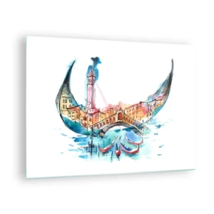Tablou pe sticlă - Panoramă în acuarelă a Veneției sub formă de mască - 70x50cm - Croazieră prin oraș - Decorațiune modernă pentru perete pentru living și dormitor ARTTOR