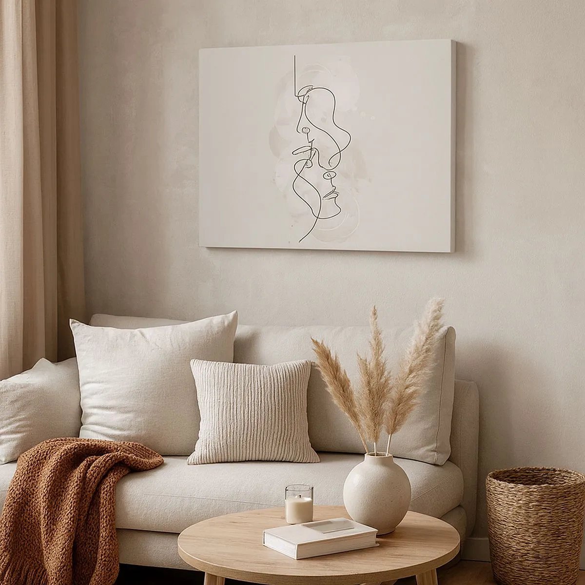 Tablou pe pânză Canvas - Schiță abstractă a două fețe pe un fundal deschis - 70x50cm - Încurcați într-o îmbrățișare - Decorațiune modernă pentru perete pentru living și dormitor ARTTOR