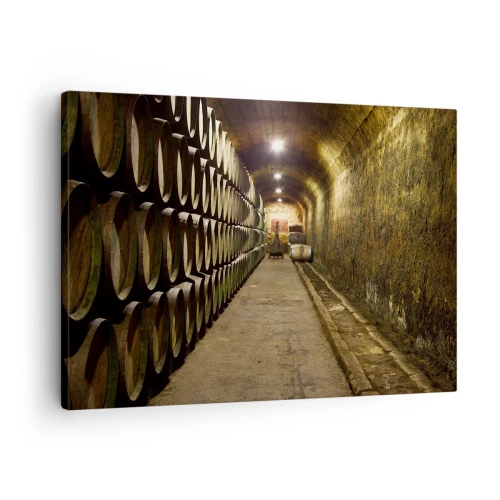 Tablou pe pânză Canvas - O pivniță cu butoaie de vin din lemn aranjate în rânduri - 70x50cm - Este bine să te întinzi - Decorațiune modernă pentru perete pentru living și dormitor ARTTOR