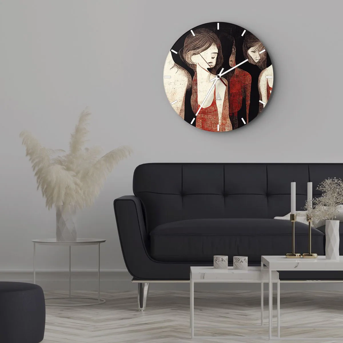 Ceas de perete - Ceas pe sticlă - Figuri de femei în roșu pe un fundal întunecat - 30x30cm - Madonele întunericului - Decorațiune modernă pentru perete pentru living, bucătărie și dormitor ARTTOR