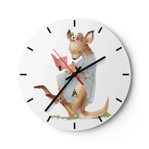 Ceas de perete - Ceas pe sticlă - O mamă cangur citind o carte cu puiul ei în poală - 30x30cm - Citește-mi, mamă - Decorațiune modernă pentru perete pentru living, bucătărie și dormitor ARTTOR