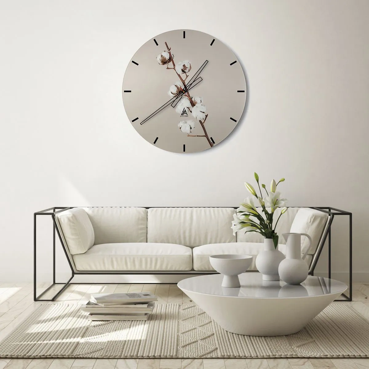 Ceas de perete - Ceas pe sticlă - O crenguță de bumbac pe un fundal bej, într-un stil minimalist - 30x30cm - La sursa moliciunii - Decorațiune modernă pentru perete pentru living, bucătărie și dormitor ARTTOR
