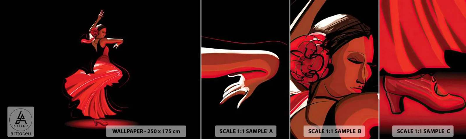 Mostră tapet autocolant Deluxe Sticker - Spiritul înflăcărat al flamenco-ului - Dansator, Flamenco, Dans - 100x30 cm