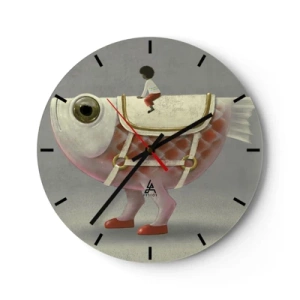 Ceas de perete - Ceas pe sticlă - O figură pe un pește mare cu o șa și cizme pe un fundal gri - 30x30cm - Călărețul Pescărel - Decorațiune modernă pentru perete pentru living, bucătărie și dormitor ARTTOR