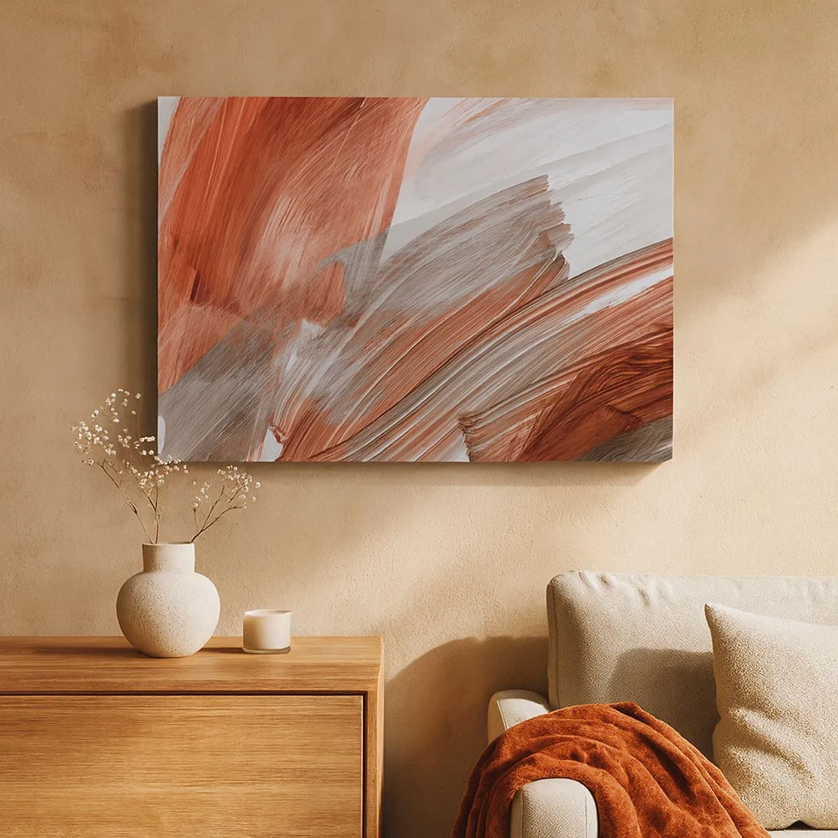 Tablou pe pânză Canvas - Pensule abstracte în nuanțe de cupru și gri - 70x50cm - Abstracție autumnală și vântoasă - Decorațiune modernă pentru perete pentru living și dormitor ARTTOR