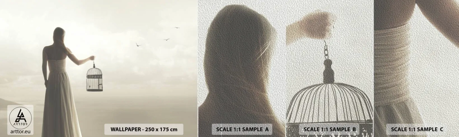 Mostră tapet Premium Sand - Fii liberă - Femeie, Colivie, Pasăre - 100x30 cm