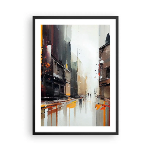 Poster în ramă neagră - Panoramă abstractă a orașului în nuanțe de gri și portocaliu - 50x70cm - O zi ploioasă - Decorațiune modernă pentru perete pentru living și dormitor ARTTOR
