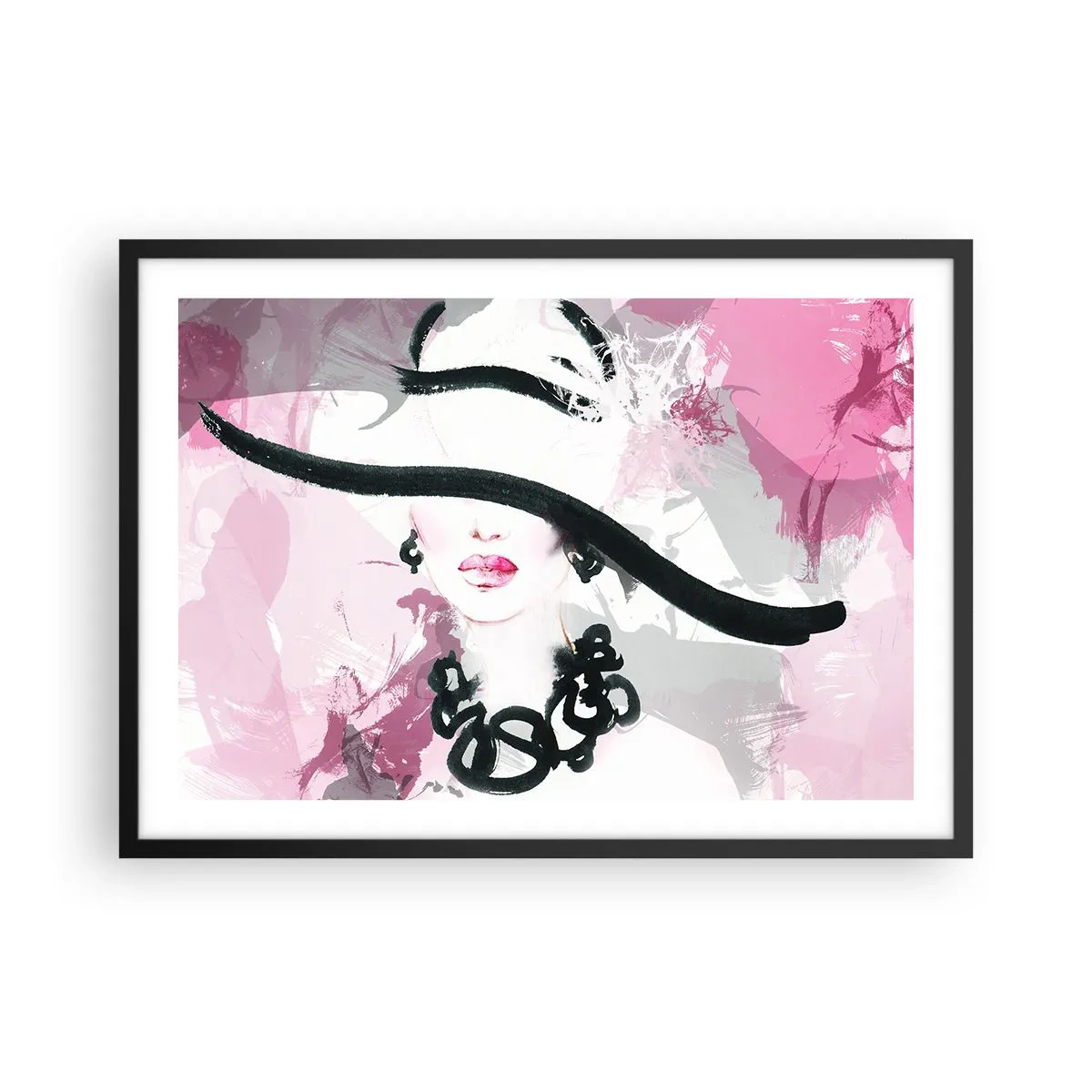 Poster în ramă neagră - Studiu unei dame în negru și roz - 70x50 cm