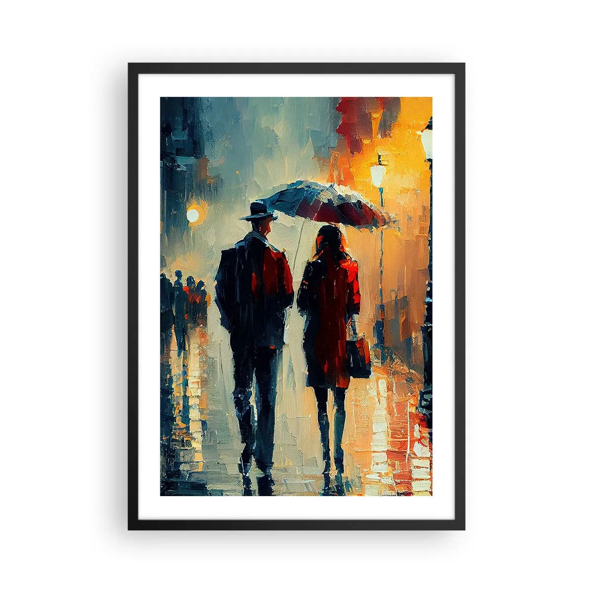 Poster în ramă neagră - Cuplu romantic sub o umbrelă în ploaie - 50x70cm - Poveste de dragoste urbană - Decorațiune modernă pentru perete pentru living și dormitor ARTTOR