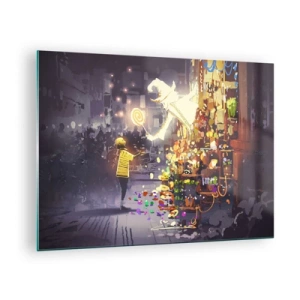 Tablou pe sticlă - Un copil într-un tricou ușor la o tarabă luminoasă plină de dulciuri colorate - 70x50cm - Vrăjitoria există - Decorațiune modernă pentru perete pentru living și dormitor ARTTOR