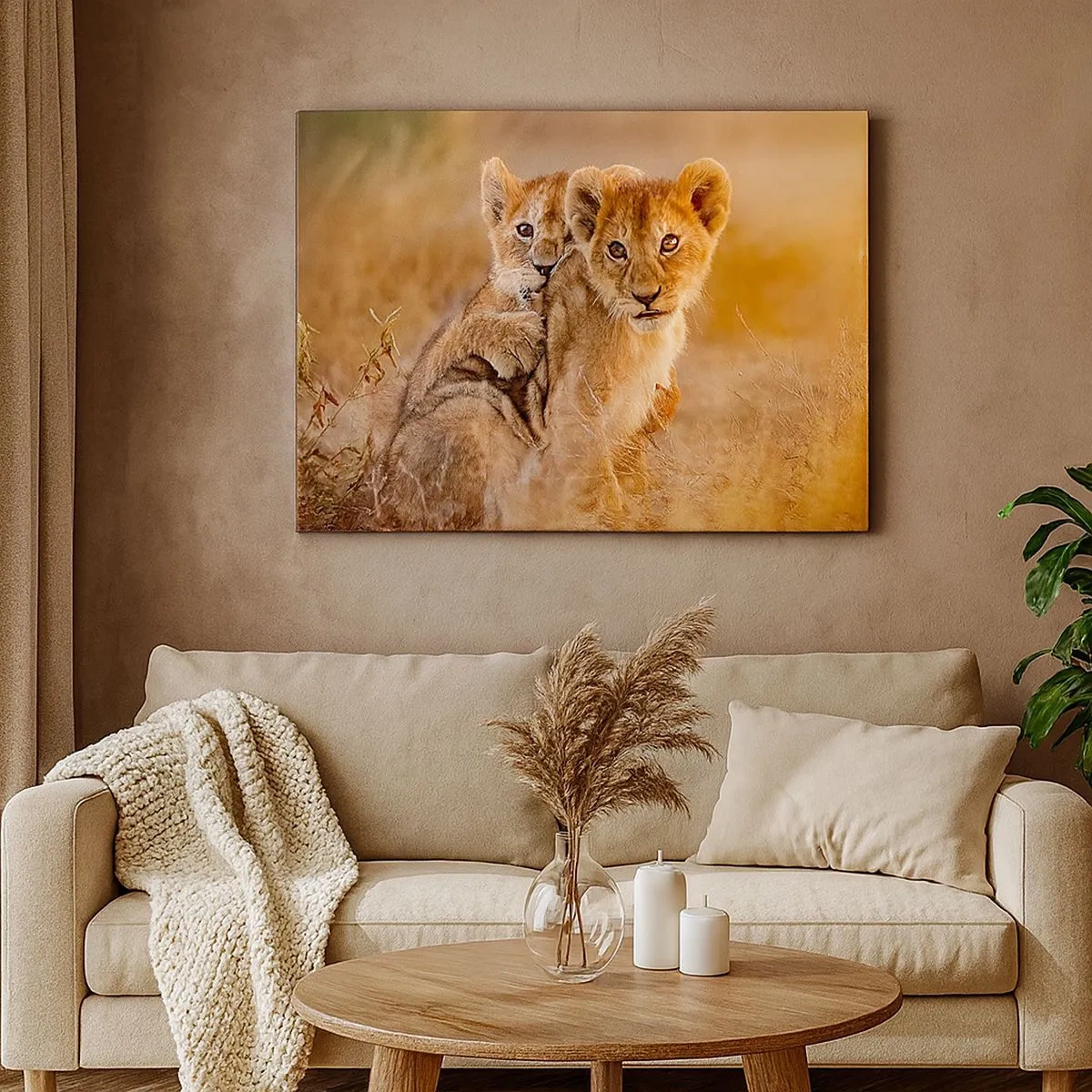 Tablou pe pânză Canvas - Pui de leu adorabili în mediul lor natural - 70x50cm - Nu deranjați! Ne distrăm - Decorațiune modernă pentru perete pentru living și dormitor ARTTOR