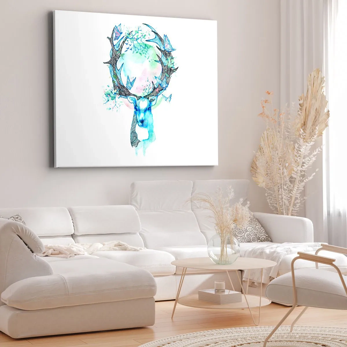 Tablou pe pânză Canvas - O grafică fantezistă cu cerbi, cu motive naturale și fluturi - 70x50cm - Forța și delicatețea naturii - Decorațiune modernă pentru perete pentru living și dormitor ARTTOR