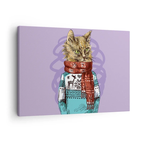 Tablou pe pânză Canvas - O pisică într-un pulover și o eșarfă pe un fundal violet - 70x50cm - Motanul nu numai încălțat - Decorațiune modernă pentru perete pentru living și dormitor ARTTOR
