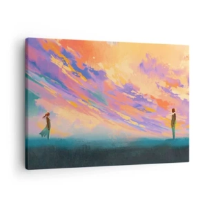 Tablou pe pânză Canvas - O scenă dinamică cu figuri pe fundalul unui cer colorat al apusului - 70x50cm - Puterea de atracție - Decorațiune modernă pentru perete pentru living și dormitor ARTTOR