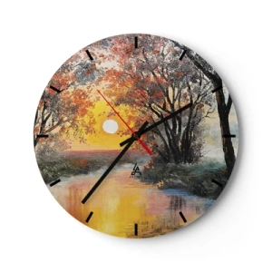 Ceas de perete - Ceas pe sticlă - Apus de soare peste râu printre copaci colorați - 30x30cm - Atmosferă de toamnă - Decorațiune modernă pentru perete pentru living, bucătărie și dormitor ARTTOR
