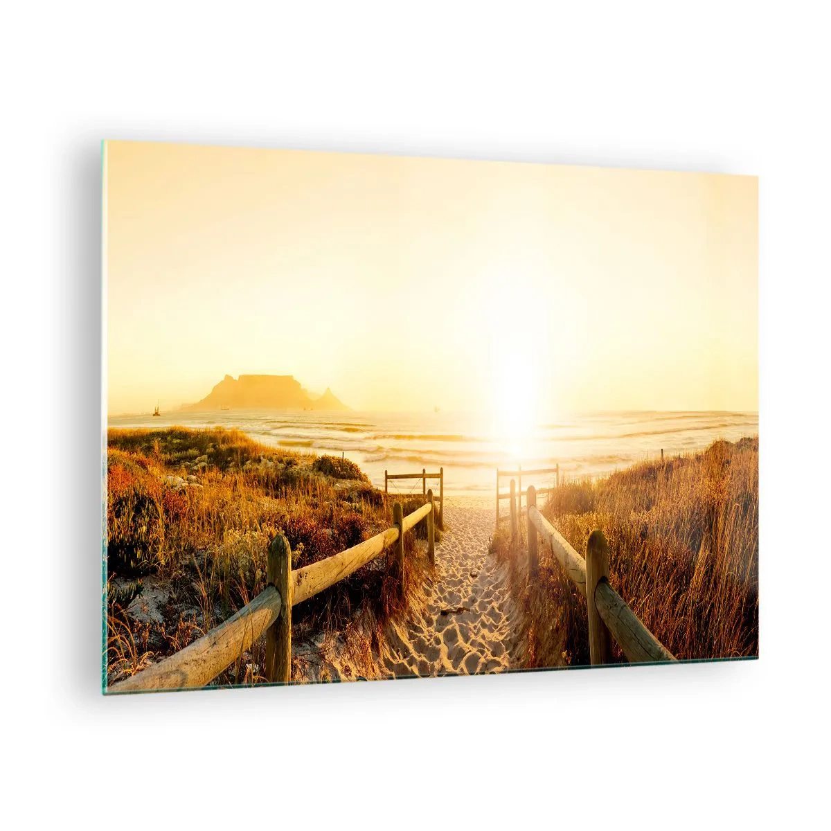 Tablou pe sticlă - Cale peste dună care duce la plajă la apus - 70x50cm - Prin dune spre soare - Decorațiune modernă pentru perete pentru living și dormitor ARTTOR