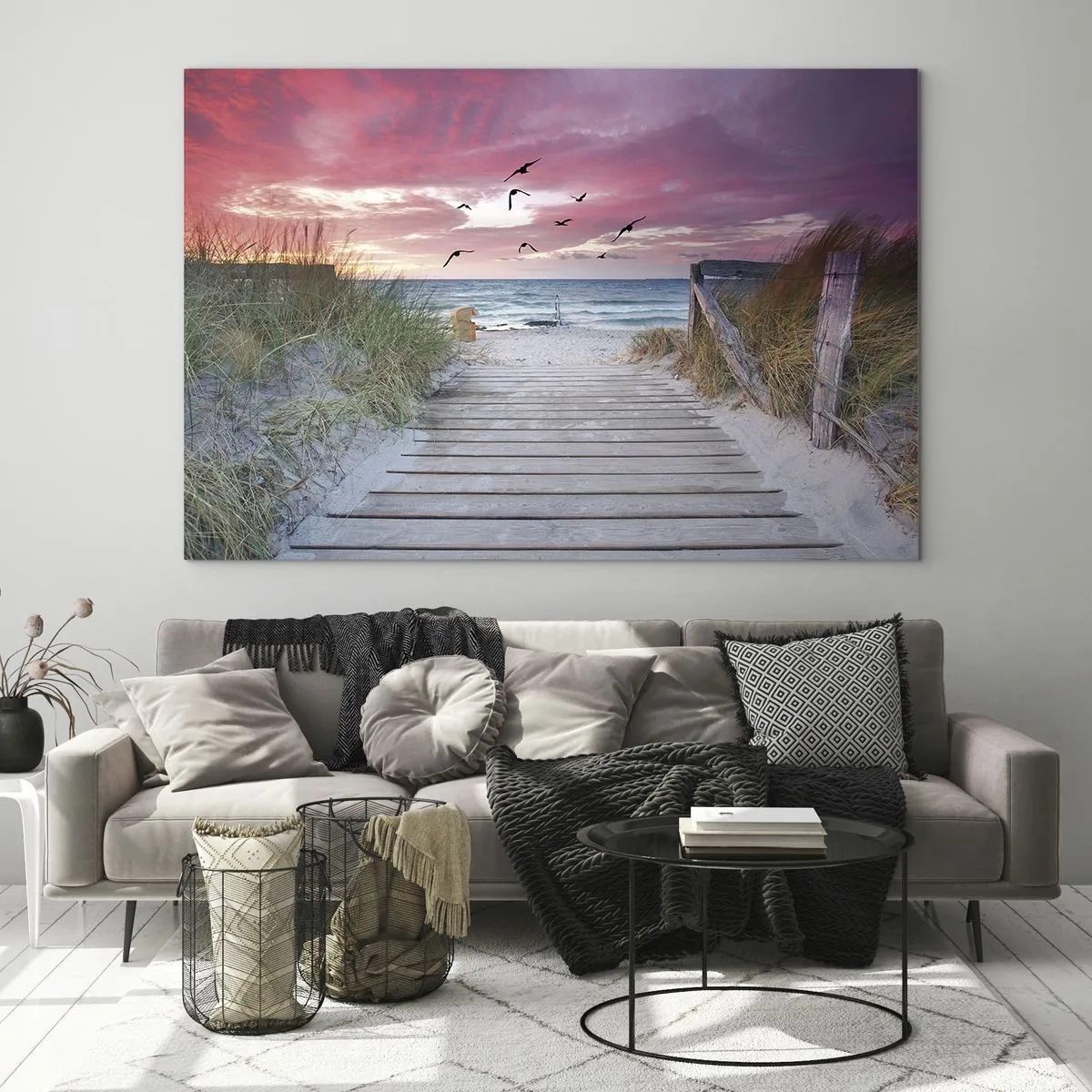 Tablou pe sticlă - Calea spre plajă la apus cu păsările în zbor - 70x50cm - Impresie baltică - Decorațiune modernă pentru perete pentru living și dormitor ARTTOR