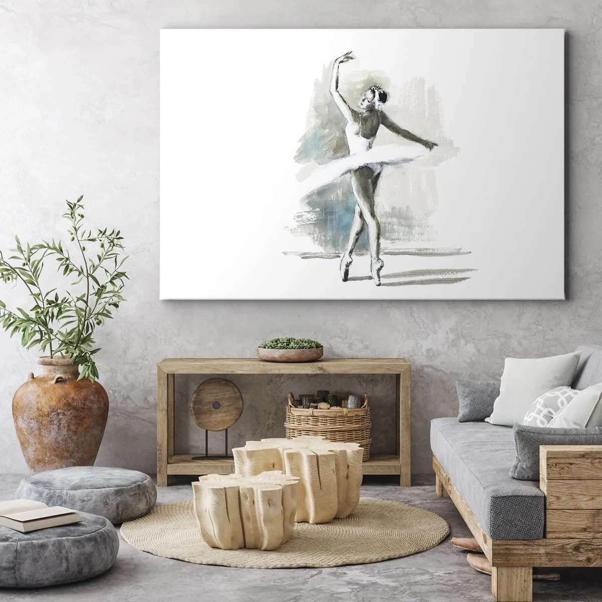 Tablou pe pânză Canvas - O dansatoare de balet într-o poză de balet pe un fundal cu tonuri delicate de acuarelă. - 70x50cm - Fermecată într-o lebădă - Decorațiune modernă pentru perete pentru living și dormitor ARTTOR