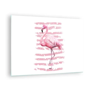 Tablou pe sticlă - Un flamingo roz pe un fundal de dungi roz artistice. - 70x50cm - Cu demnitate, chiar dacă în roz - Decorațiune modernă pentru perete pentru living și dormitor ARTTOR