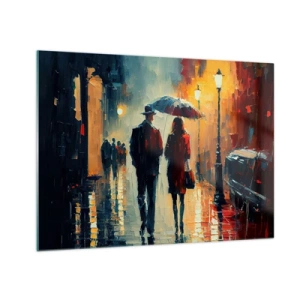 Tablou pe sticlă - Un cuplu cu o umbrelă mergând pe o stradă udă noaptea. - 70x50cm - Poveste de dragoste urbană - Decorațiune modernă pentru perete pentru living și dormitor ARTTOR