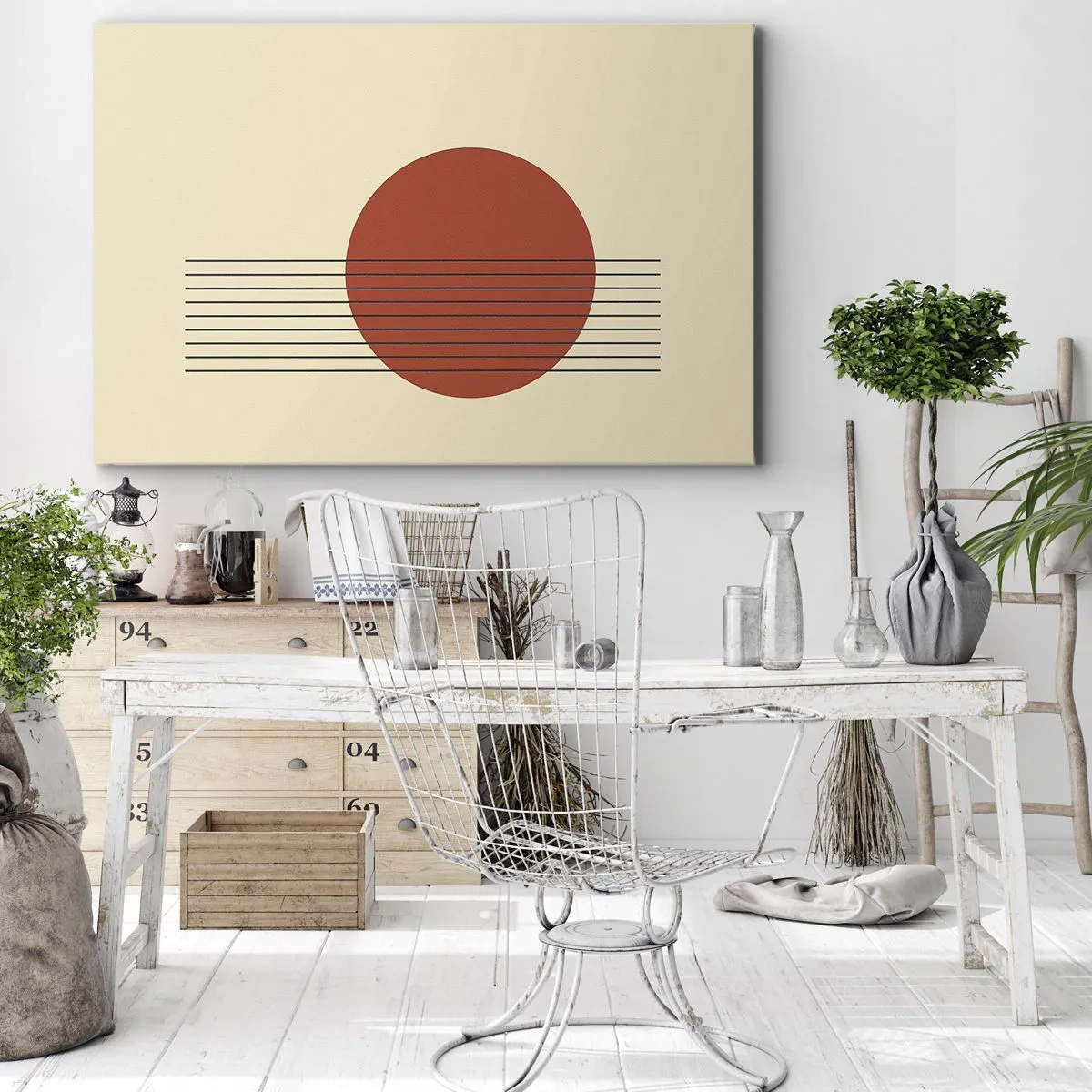 Tablou pe pânză Canvas - Cerc roșu abstract cu linii pe un fundal bej. - 70x50cm - În continuare - Decorațiune modernă pentru perete pentru living și dormitor ARTTOR