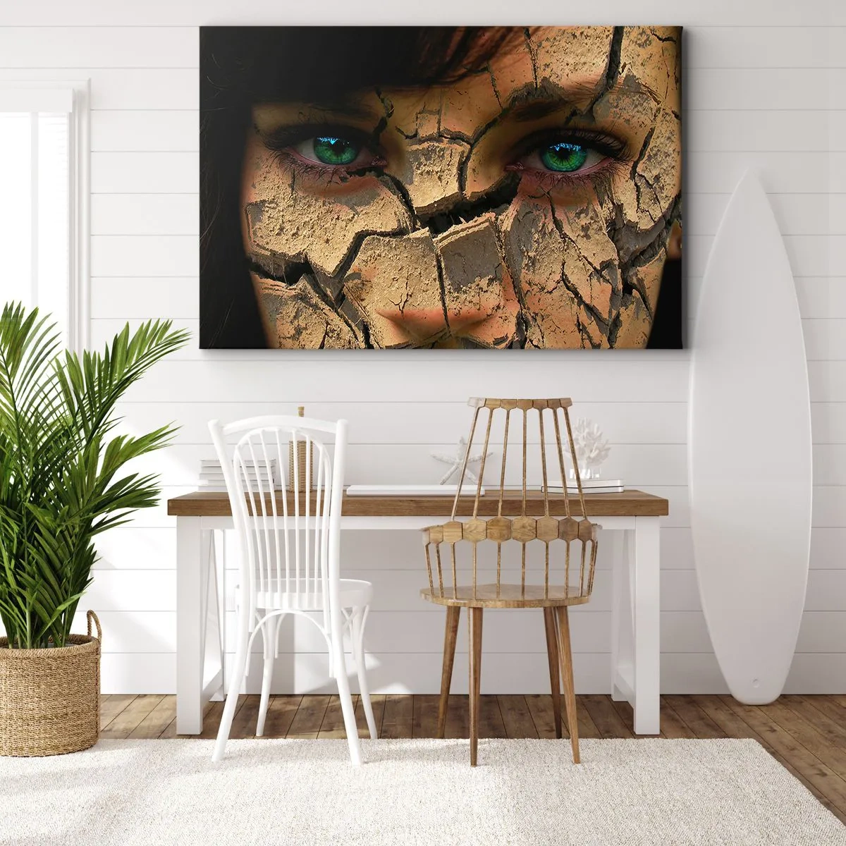 Tablou pe pânză Canvas - Fața unei femei cu ochi verzi acoperită de o structură de pământ crăpat - 70x50cm - Încântare și groază în același timp - Decorațiune modernă pentru perete pentru living și dormitor ARTTOR