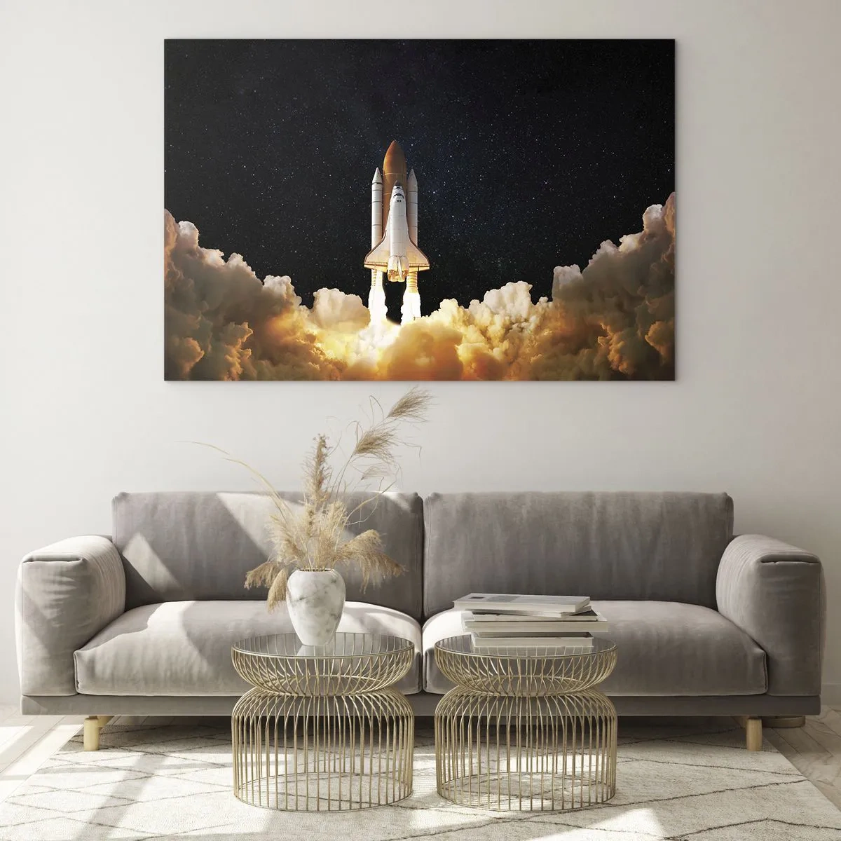Tablou pe sticlă - O navetă spațială decolează pe un cer înstelat - 70x50cm - Ad astra! - Decorațiune modernă pentru perete pentru living și dormitor ARTTOR