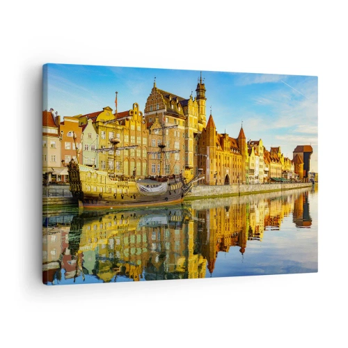 Tablou pe pânză Canvas - O vedere pitorească a orașului vechi cu o corabie cu pânze și apă - 70x50cm - Trecutul în oglindă - Decorațiune modernă pentru perete pentru living și dormitor ARTTOR