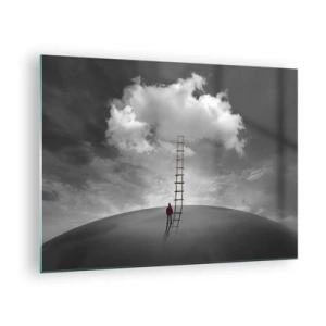Tablou pe sticlă - O persoană se uită la o scară care duce spre un nor. - 70x50cm - Orice este posibil - Decorațiune modernă pentru perete pentru living și dormitor ARTTOR