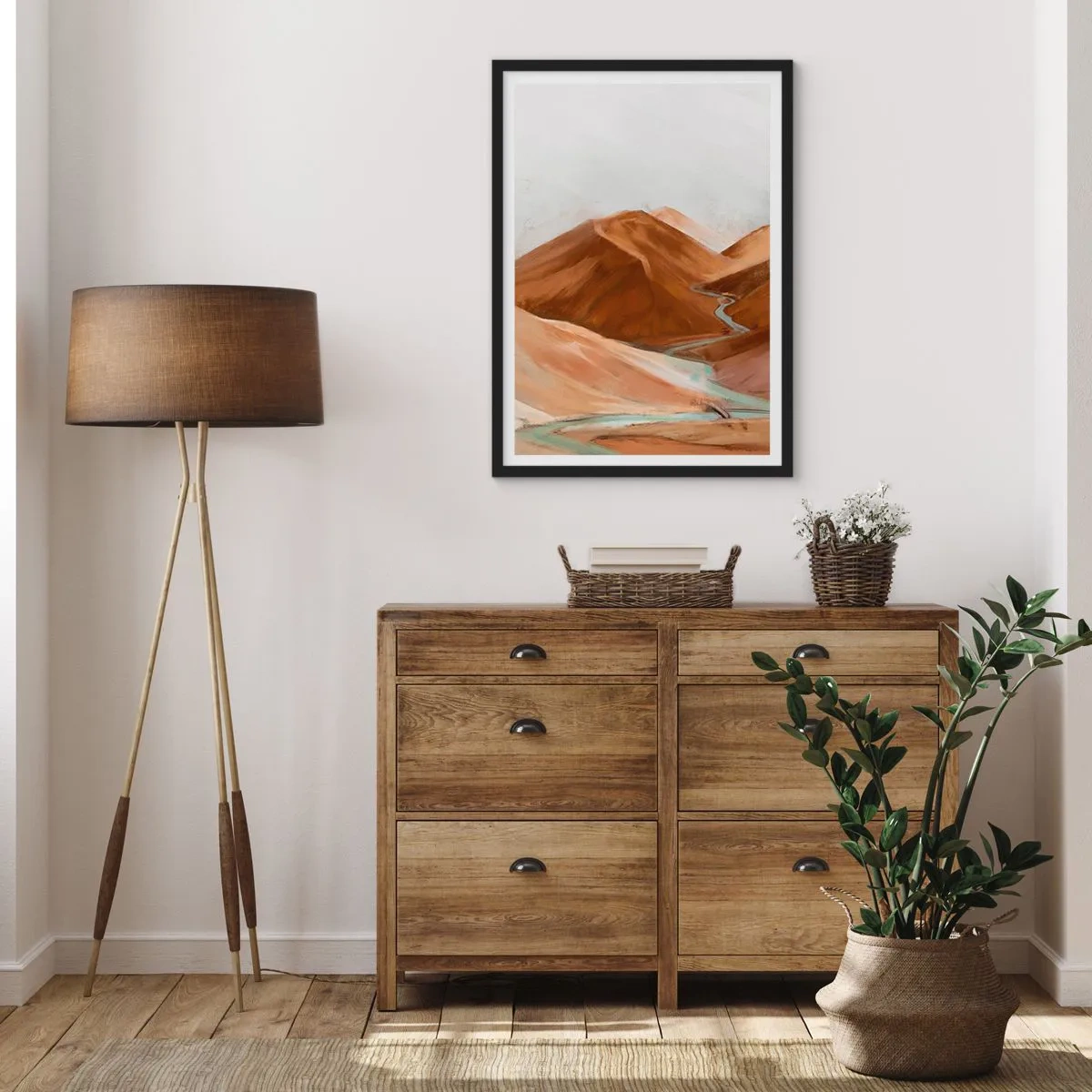 Poster în ramă neagră - Un râu care curge prin munți maronii, un peisaj stilizat - 50x70cm - La sursă - Decorațiune modernă pentru perete pentru living și dormitor ARTTOR