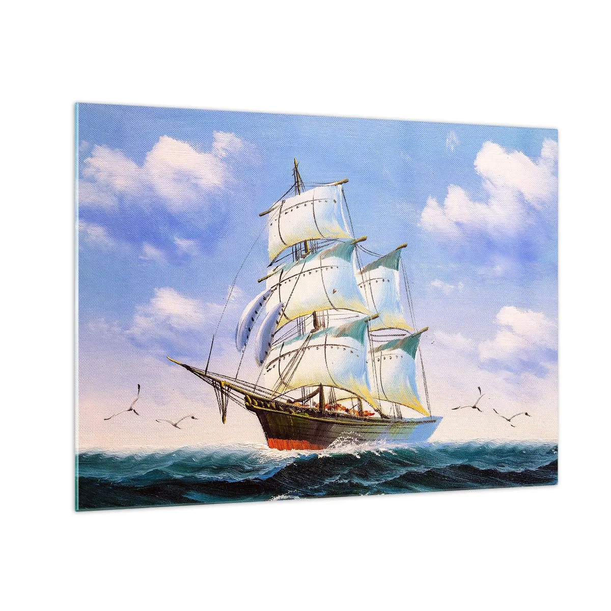 Tablou pe sticlă - O navă cu pânze în largul mării sub un cer albastru - 70x50cm - Cu mândrie în vânt - Decorațiune modernă pentru perete pentru living și dormitor ARTTOR