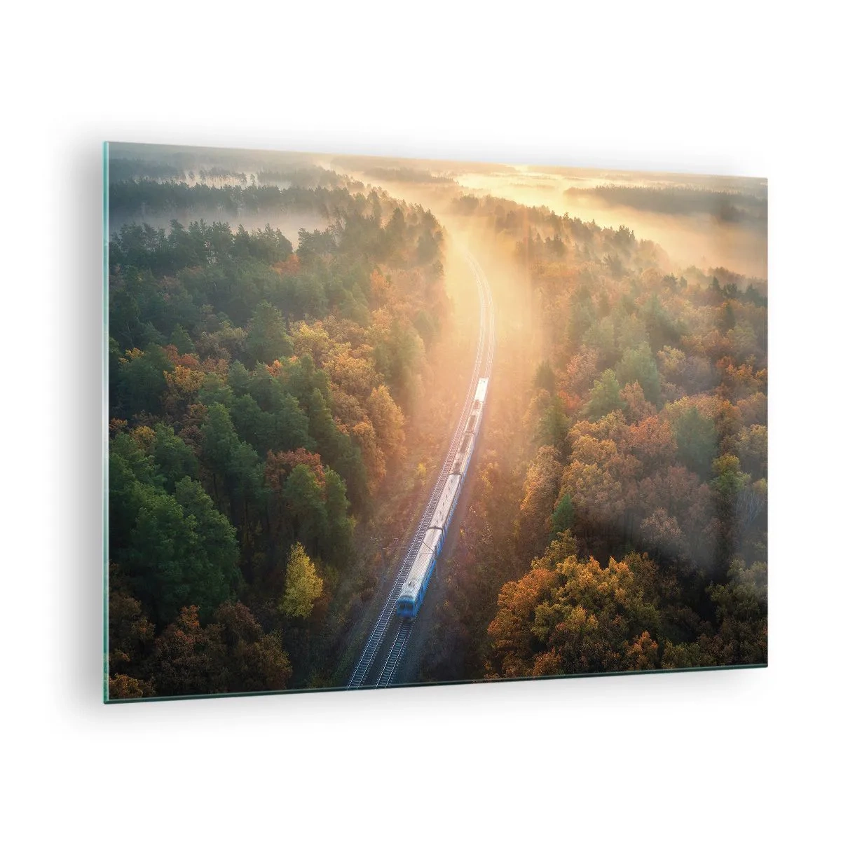 Tablou pe sticlă - Un tren într-un peisaj pitoresc de toamnă, plin de căldură și nostalgie - 70x50cm - Călătorie de toamnă - Decorațiune modernă pentru perete pentru living și dormitor ARTTOR