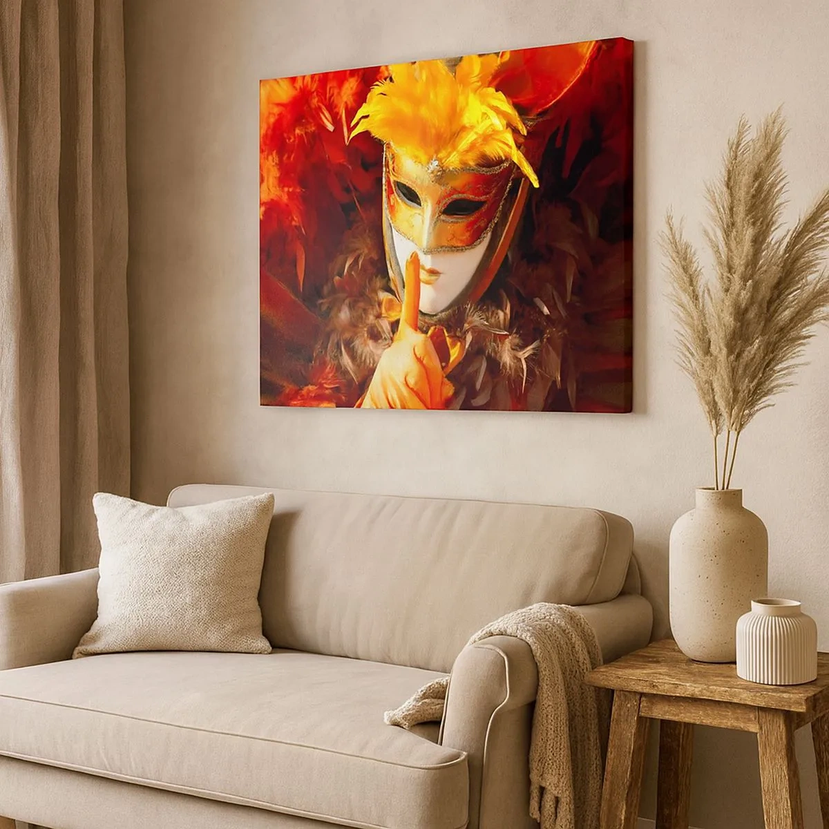Tablou pe pânză Canvas - Mască de carnaval în nuanțe de auriu și portocaliu - 70x50cm - Misterul face parte din joc - Decorațiune modernă pentru perete pentru living și dormitor ARTTOR