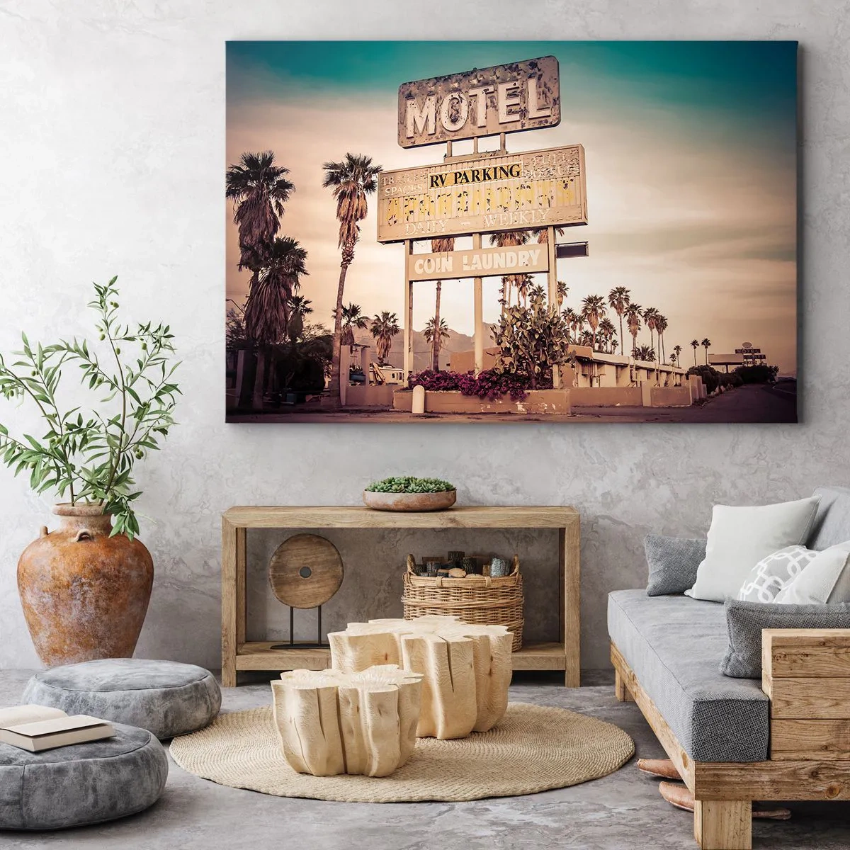 Tablou pe pânză Canvas - Semn retro de motel înconjurat de palmieri - 70x50cm - Timpul s-a oprit aici - Decorațiune modernă pentru perete pentru living și dormitor ARTTOR