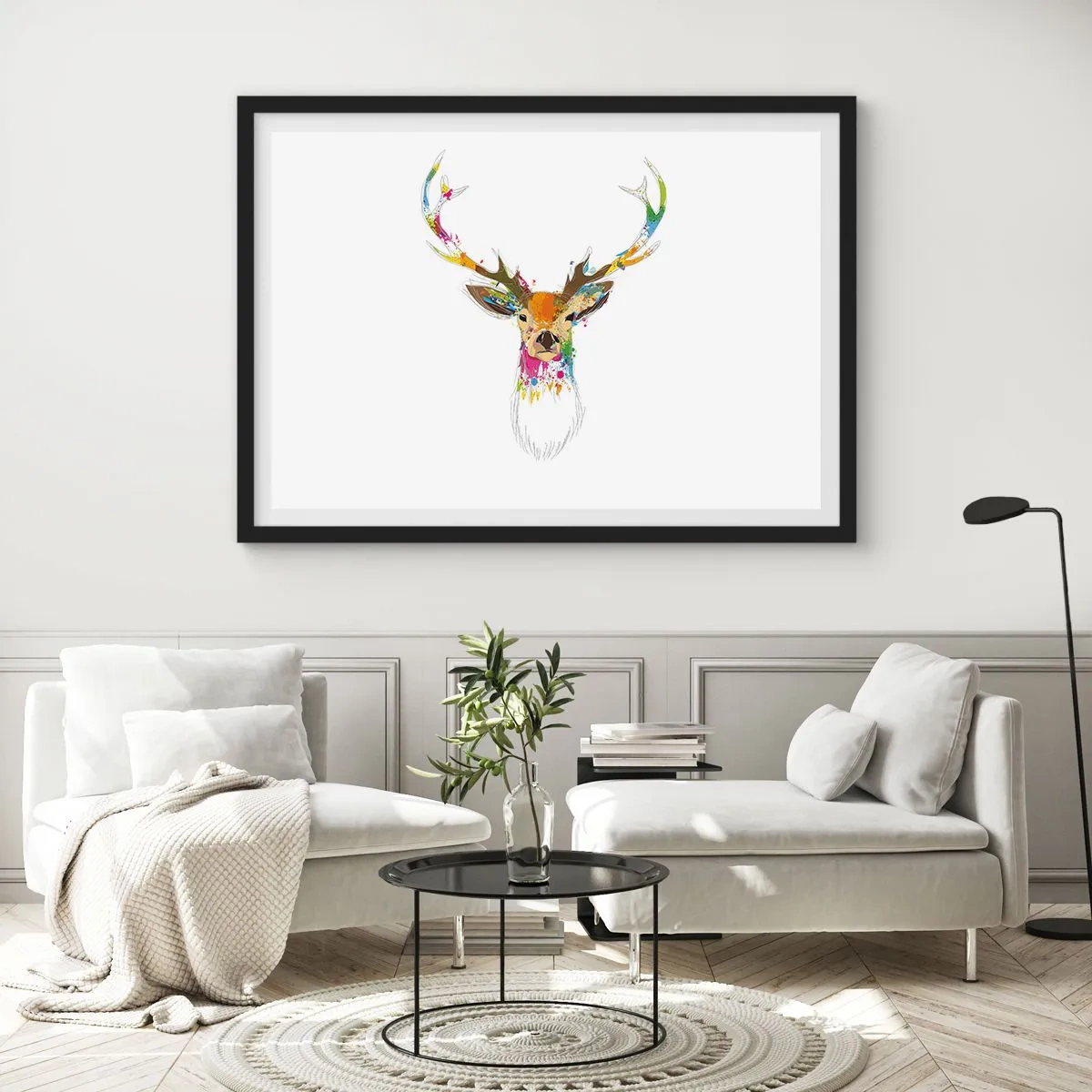 Poster în ramă neagră - Cerb blând scăldat în culoare - 40x30 cm