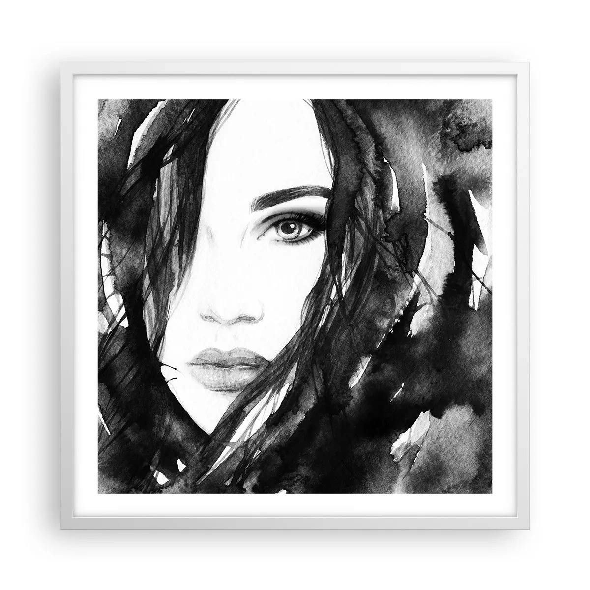 Poster în ramă albă - Studiu unei dame în alb și negru - 60x60 cm