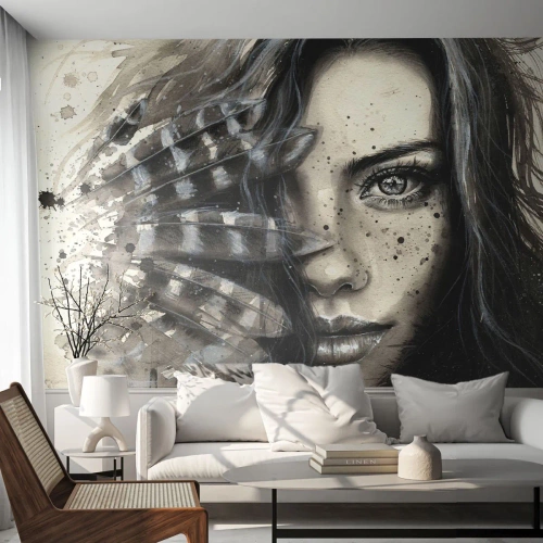 Tapet Premium Sand - Frumusețe sălbatică - Femeie, Pene de păsări, Grafică - 100x70 cm