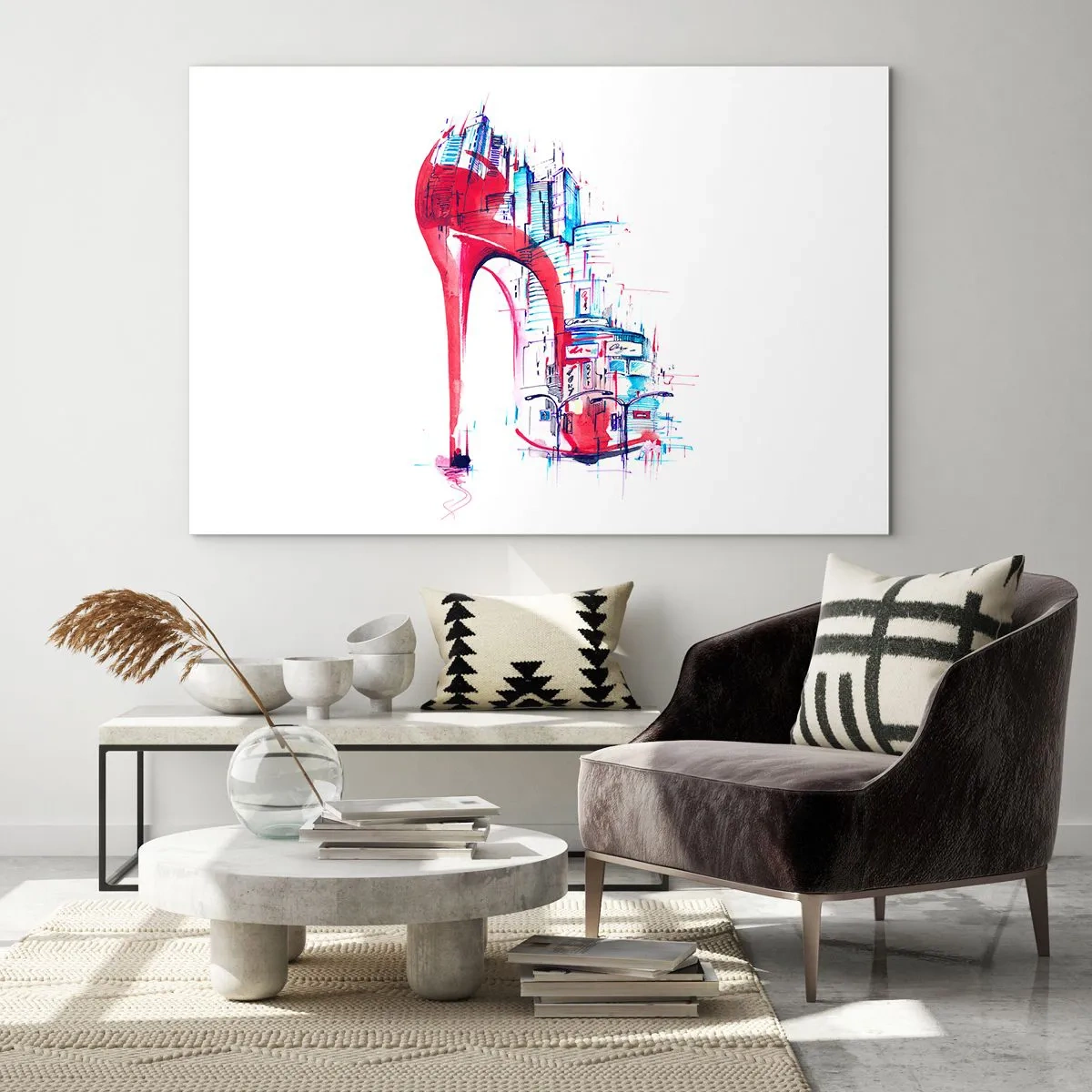 Tablou pe sticlă - Stiletto roșu cu motiv de arhitectură urbană - 70x50cm - Eleganta din marele oraș - Decorațiune modernă pentru perete pentru living și dormitor ARTTOR