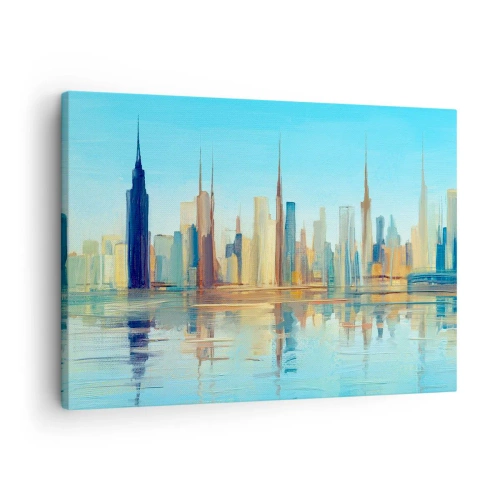 Tablou pe pânză Canvas - O panoramă a orașului în culori calde, cu reflexii în apă - 70x50cm - Metropola însorită - Decorațiune modernă pentru perete pentru living și dormitor ARTTOR