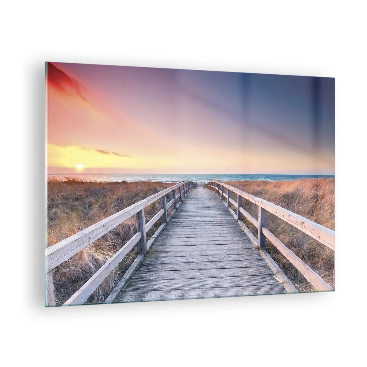 Tablou pe sticlă - Debarcader din lemn care duce la plajă la apus - 70x50cm - Aurora baltică de seară - Decorațiune modernă pentru perete pentru living și dormitor ARTTOR