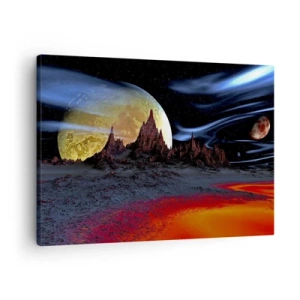 Tablou pe pânză Canvas - Un peisaj fantastic cu planete și peisaje vulcanice - 70x50cm - Lumea necunoscută - Decorațiune modernă pentru perete pentru living și dormitor ARTTOR