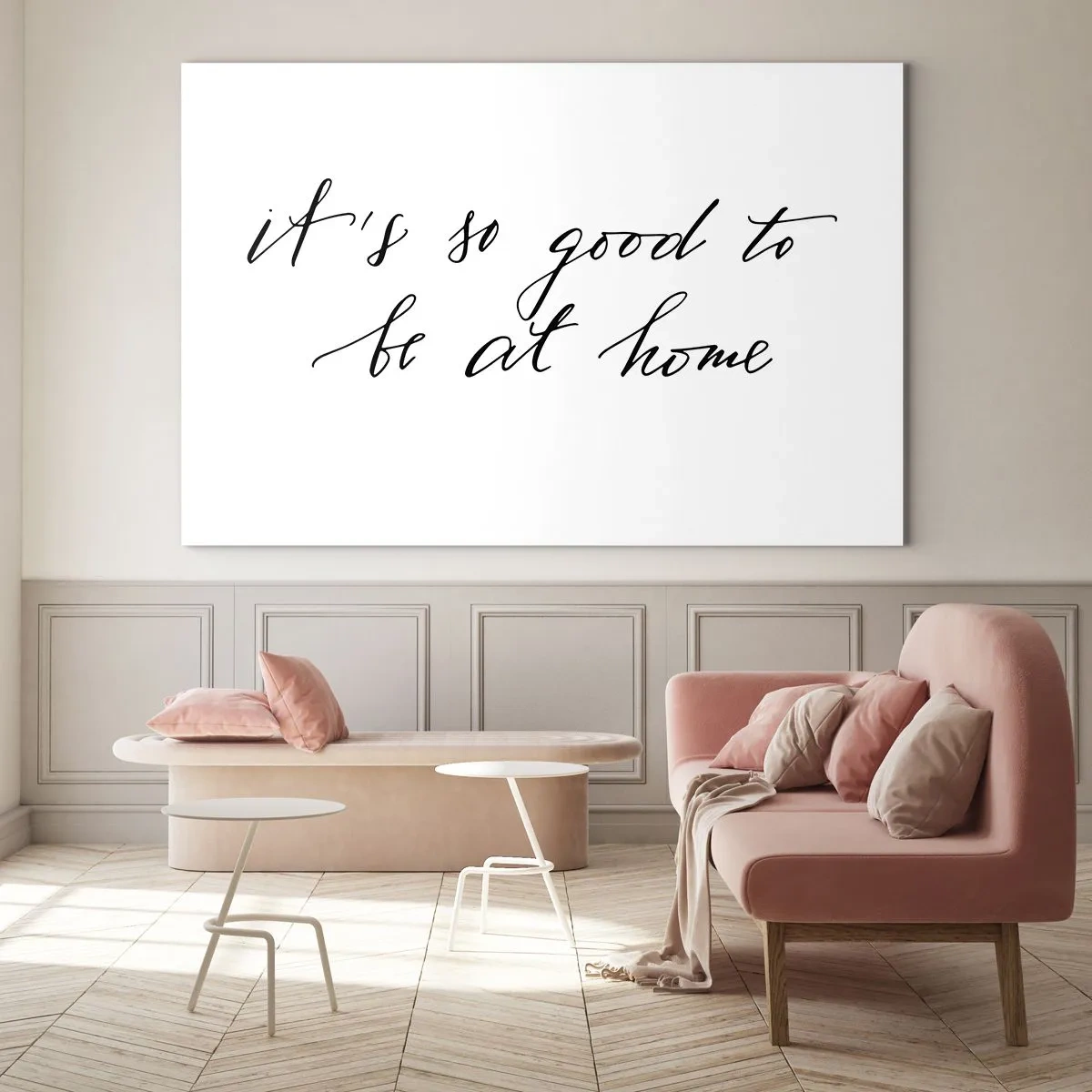 Tablou pe sticlă - Citat „E atât de bine să fii acasă” pe fundal alb - 70x50cm - Cât de adevărat - Decorațiune modernă pentru perete pentru living și dormitor ARTTOR
