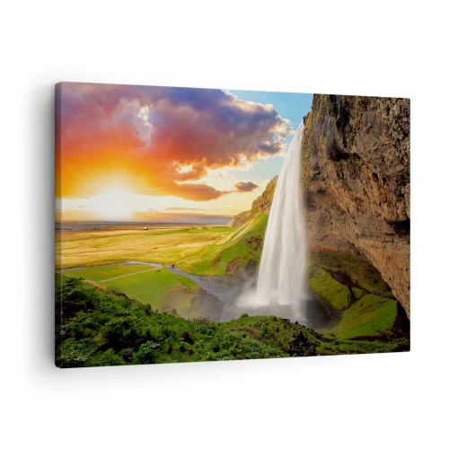 Tablou pe pânză Canvas - cascadă într-un peisaj pitoresc la apus - 70x50cm - Vara plină de Islanda - Decorațiune modernă pentru perete pentru living și dormitor ARTTOR