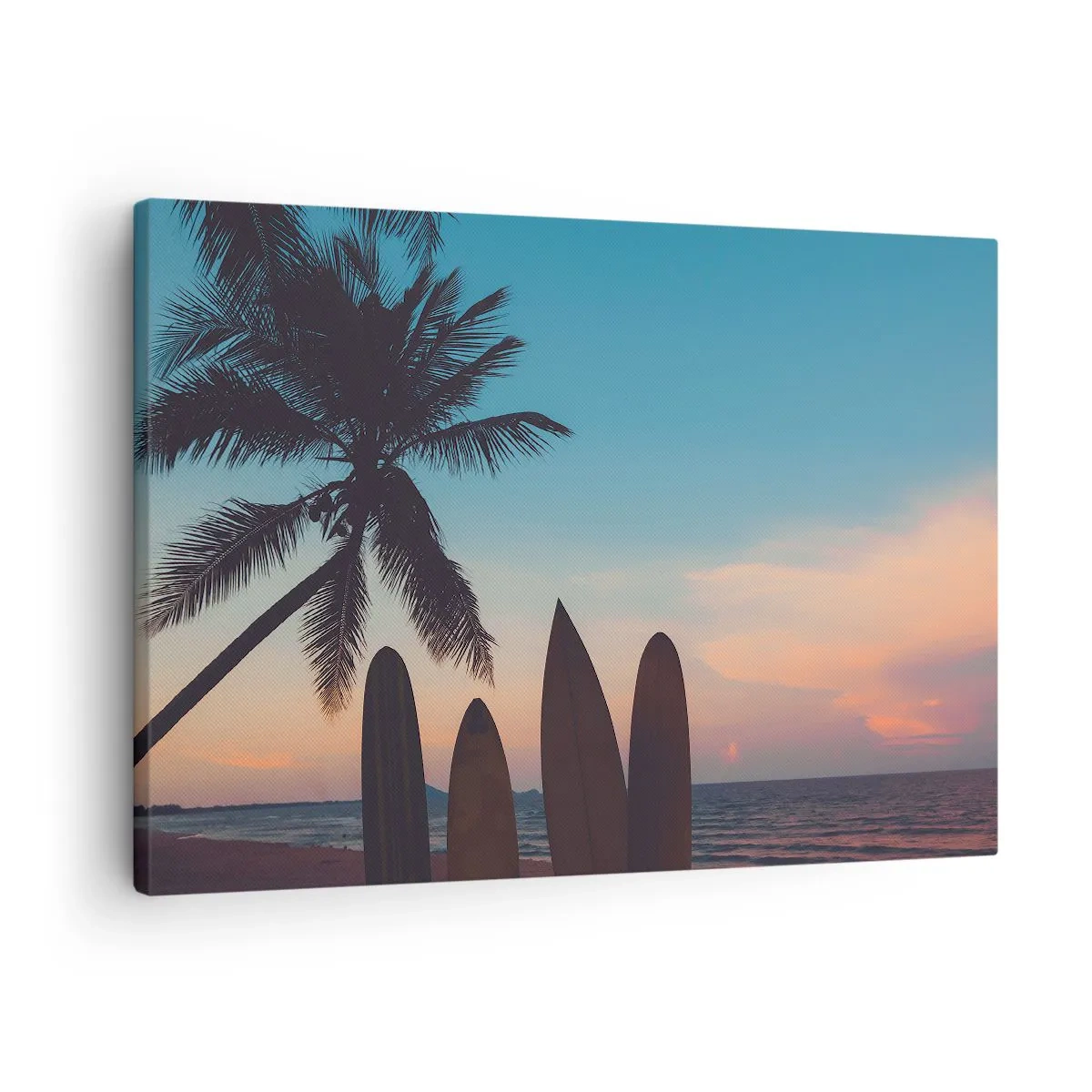 Tablou pe pânză Canvas - Plăci de surf pe fundalul unui palmier și al unui apus de soare - 70x50cm - Și mâine ne vom distra - Decorațiune modernă pentru perete pentru living și dormitor ARTTOR