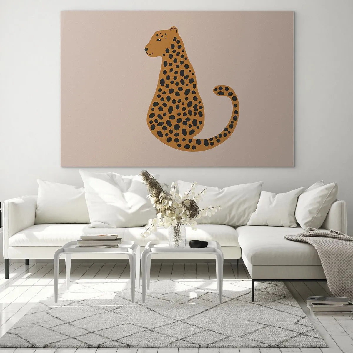 Tablou pe sticlă - Ilustrație a unei pantere cu pete negre pe un fundal bej - 70x50cm - Modelul leopard este tot timpul la modă - Decorațiune modernă pentru perete pentru living și dormitor ARTTOR