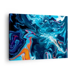 Tablou pe pânză Canvas - Un model abstract în nuanțe de albastru cu accente portocalii. - 70x50cm - Călătorie spre centrul cerului - Decorațiune modernă pentru perete pentru living și dormitor ARTTOR