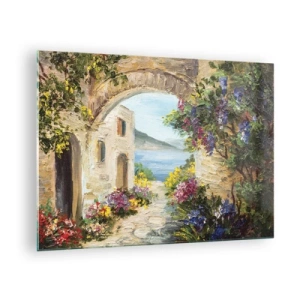 Tablou pe sticlă - O stradă pitorească cu vedere la lac - 70x50cm - Farmecul peisajului de coastă - Decorațiune modernă pentru perete pentru living și dormitor ARTTOR